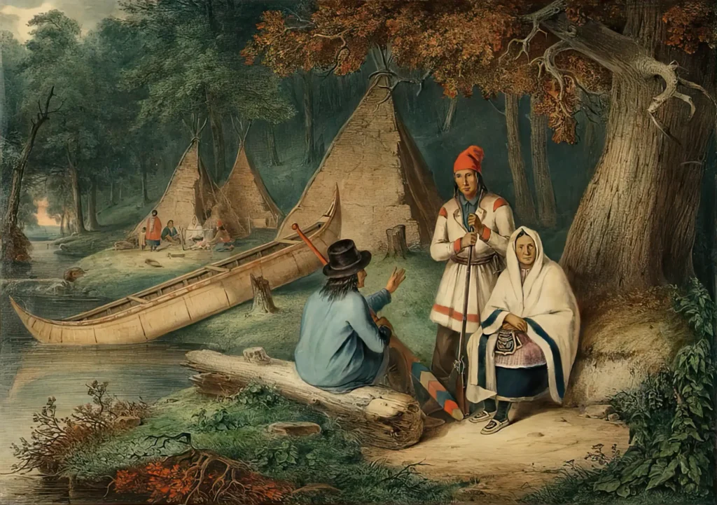 Dobové vyobrazení indiánského tábora některého z algonkinských kmenů. V domorodých vesnicích byli Coureurs de bois jako doma. S mnoha indiánkami zplodili mnoho dětí, kteří se stalí znamí jako Métisové. Mnozí z nich se v dospělosti také podíleli na obchodu s kožešinami a stali se z nich Coureurs de bois nebo Voyageuři.