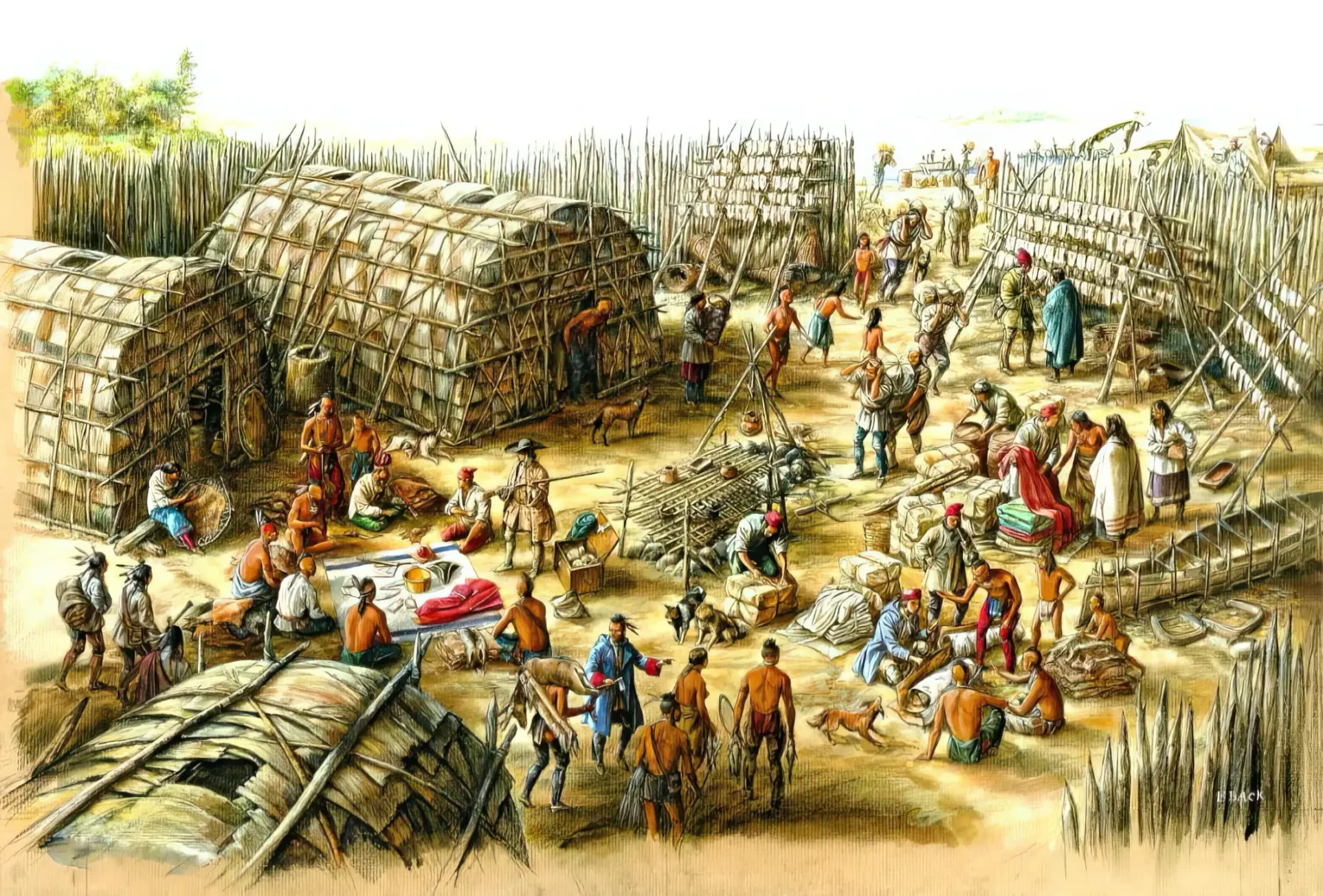 Francouzští Coureurs de bois obchodují s Hurony v jejich vesnici. Scéna se odehrává v druhé polovině 17. století. Malba Francis Beck.