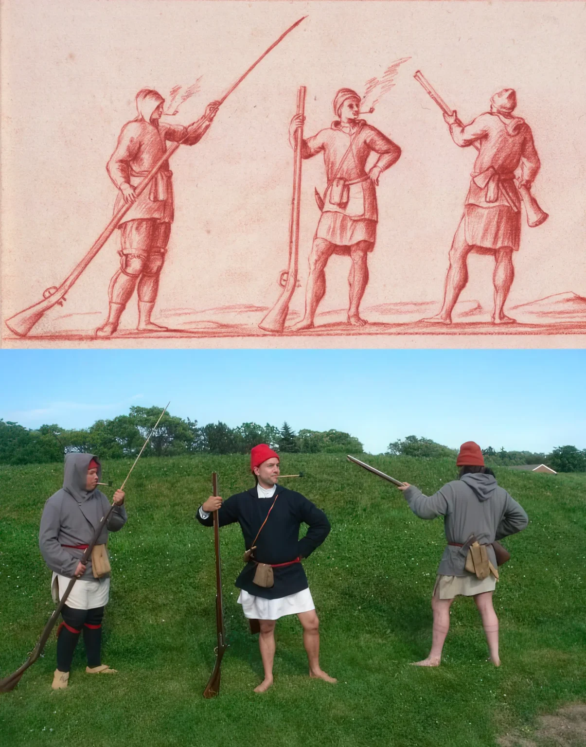 Zdařilý a vysoce realistický pokus o rekonstrukci Coureurs de bois francouzských reenactorů. Za vzor jim posloužilo zřejmě nejstarší vyobrazení Couresurs de bois, které existuje. Pochází od neznámého autora a datuje se přibližně do doby kolem roku 1730. Podle některých zdrojů neměli Coureurs de bois během pádlování v kánoi ani legíny ani mokasíny, ale byli bosí s holýma nohama. Důvod byl ten, že museli často vysedat z kánoe do vody, ať již při portážování nebo při zastávkách. Zpravidla vysedali dále od břehu, aby se křehká kánoe z březové kůry nepoškodila najetím na mělčinu nebo na kameny.