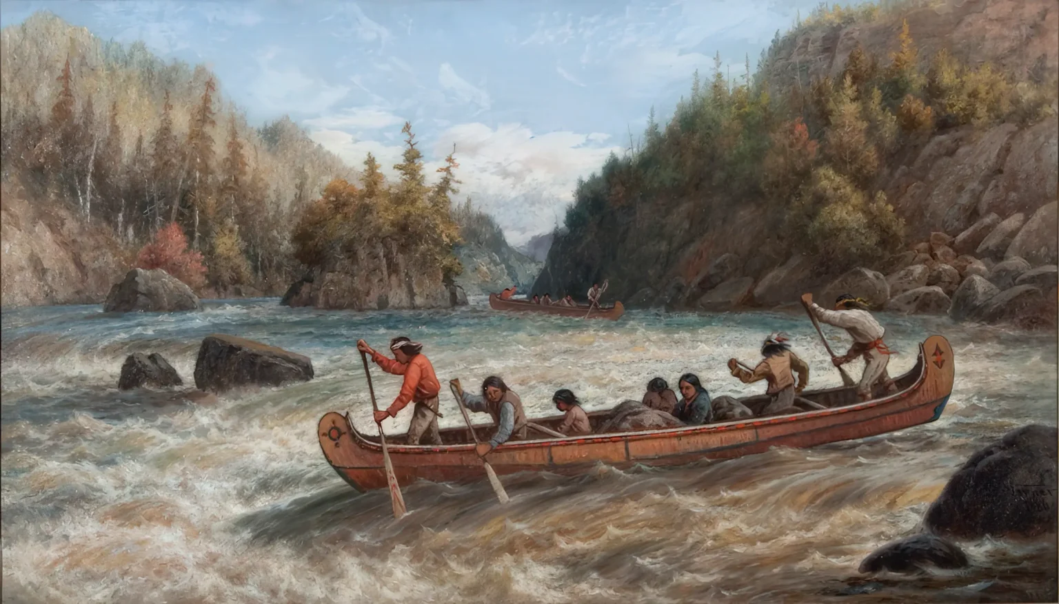Coureurs de bois na dobovém vyobrazení.